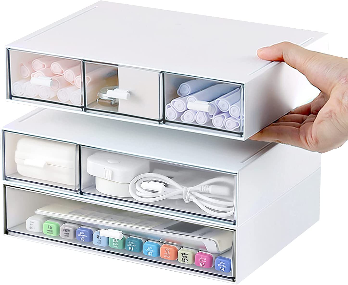 Desk Organizer with 6 Drawers， Desk Storage Box Office Drawer Organizer Desk Organization and Storage Pen Storage Plastic Makeup Storage Suitable for Office， School， Home