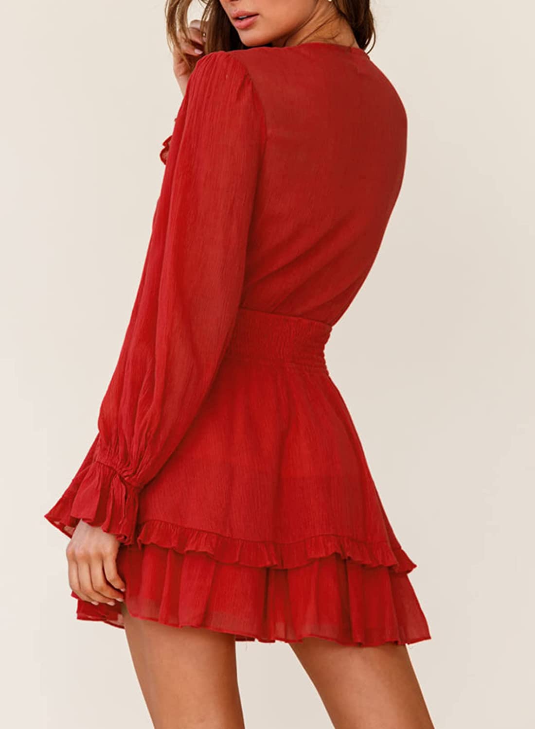 AlvaQ Womens Spring Summer Knot Front V Neck Ruffles Long Sleeve Floral Print Swing Mini Dress