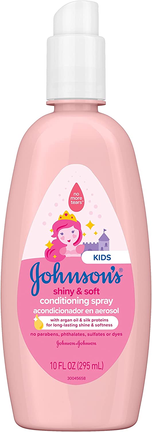 Johnson's Baby Shiny & Soft Tear-Free Kids' Hair Conditioning Spray with Argan Oil & Silk Proteins, Paraben, Sulfate & Dye-Free Formula, Hypoallergenic & Gentle for Toddlers, 10 Fl Oz