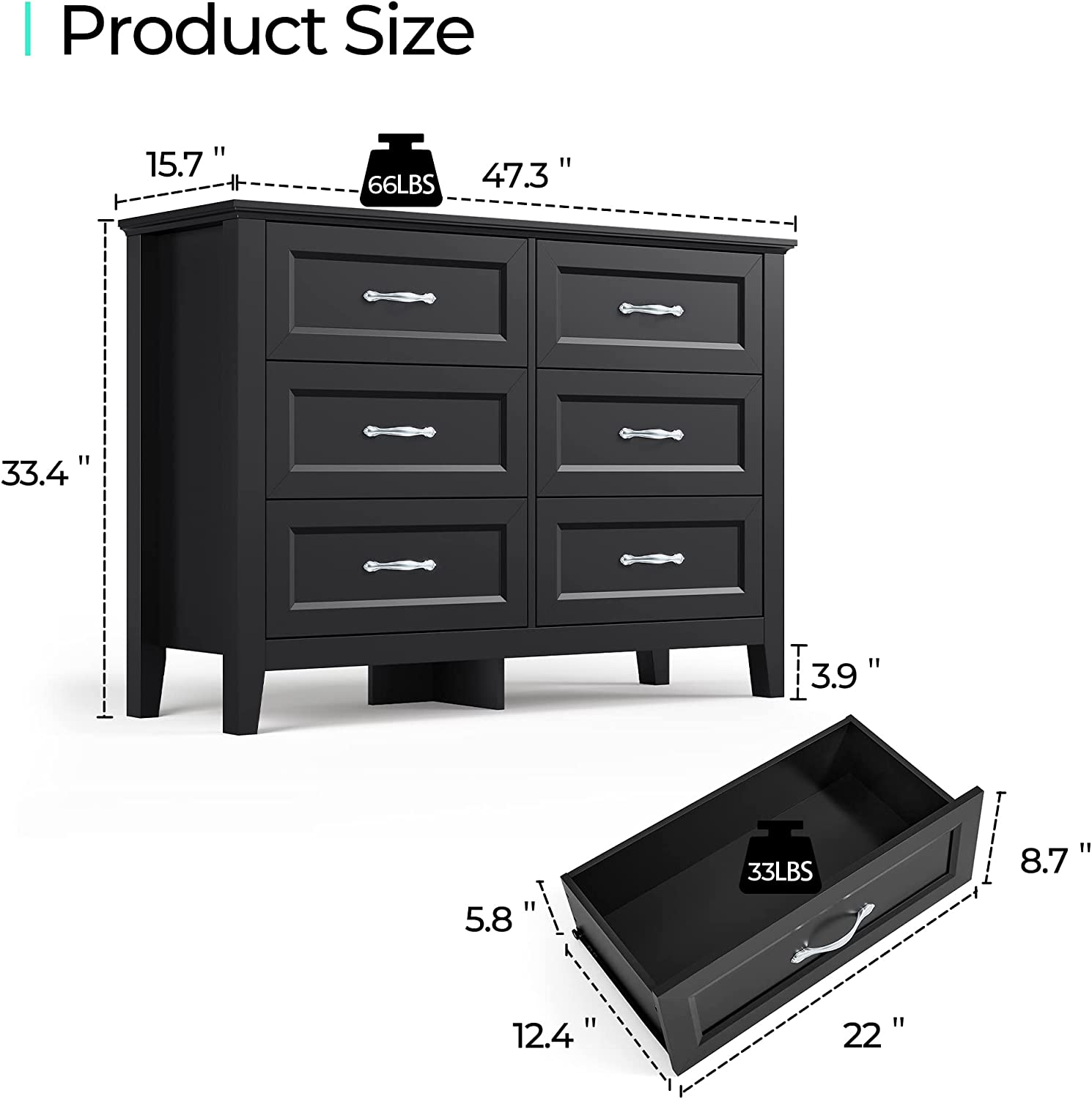 LINSY HOME Dresser for Bedroom， 6 Drawer Dresser with Metal Handles， Black Chest of Drawers for Living Room， Entryway and Hallway