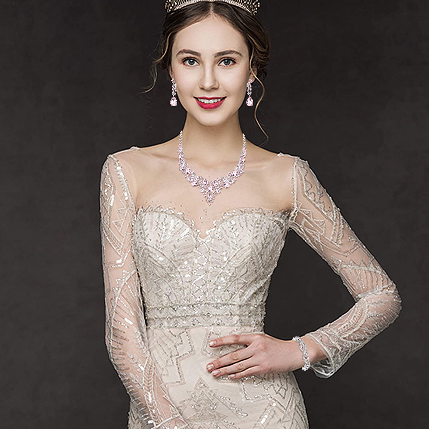 FIASASO Crystal Bridal Jewelry Set for Women Rhinestone Necklace Earrings Bracelet Wedding Bridesmaid