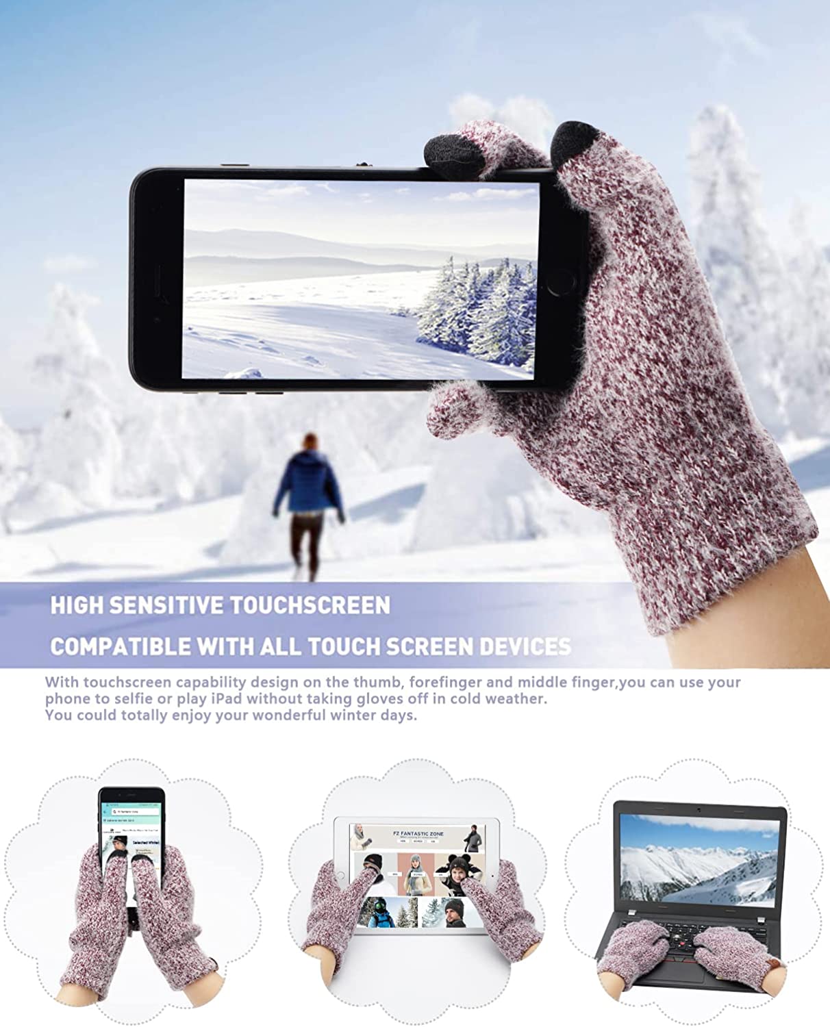 Womens Winter Warm Knit Beanie Hat Touchscreen Gloves Long Scarf Set with Fleece Lined Skull Caps Neck Scarves for Women Men