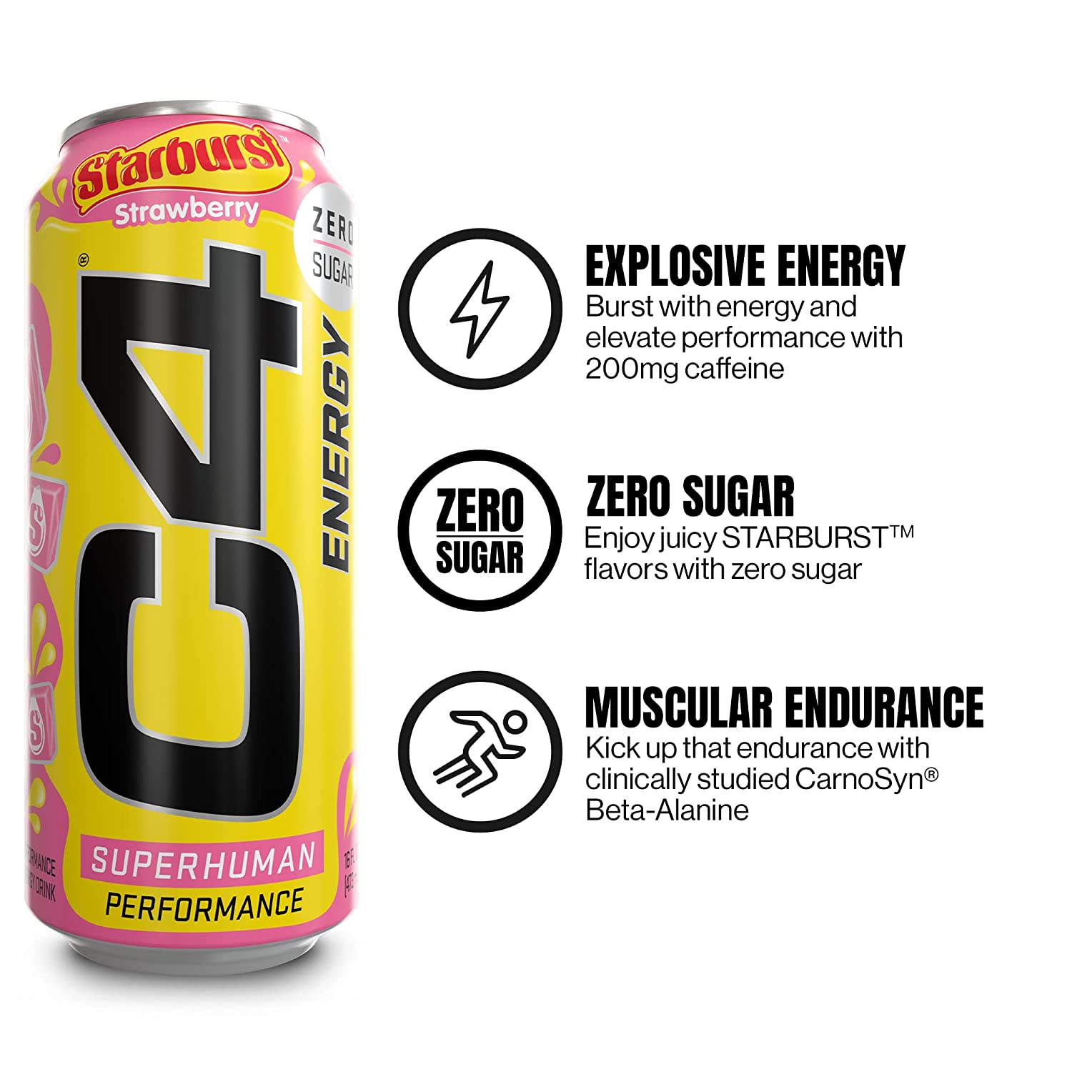 Cellucor C4 Energy Drink， STARBURST Strawberry， Carbonated Sugar Free Pre Workout Performance Drink with no Artificial Colors or Dyes， Pack of 12
