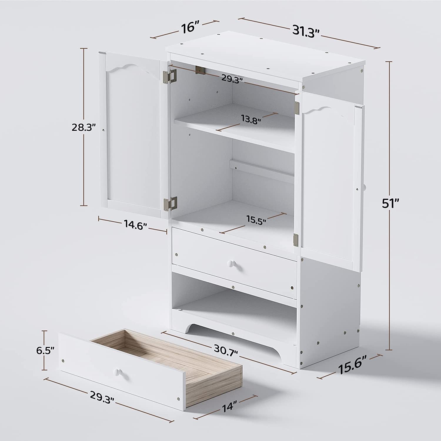 Rophefx 2 Door Kids Wardrobe with 2 Storage Drawers， Bedroom Armoire with Adjustable Shelf and Hanging Rod， Clothes Hanging Storage Rack， White
