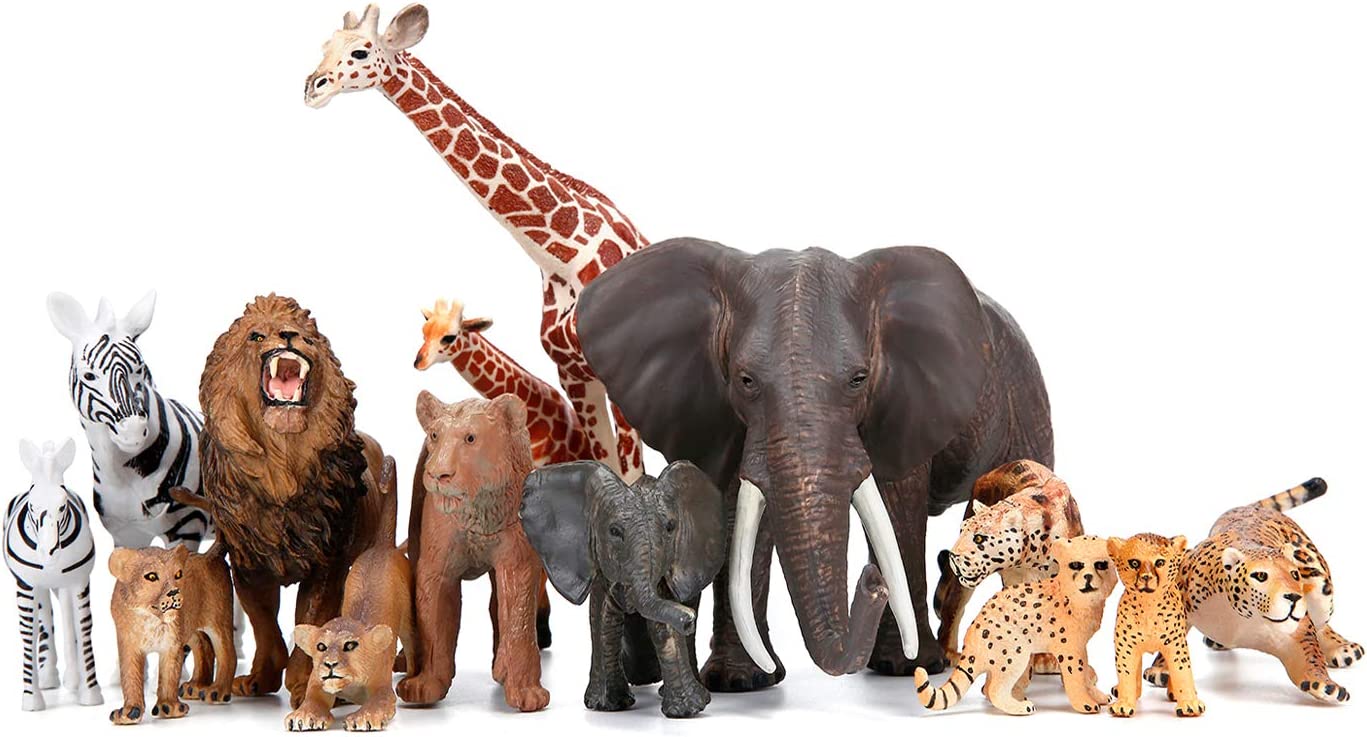 Safari Zoo Animals Figures Toys, 14 Piece Realistic Jungle Animal Figurines, African Wild Plastic Animals with Lion, Elephant, Giraffe Educational Learning Playset for Toddlers, Kids, Children