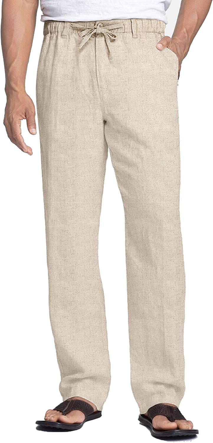 Coofandy Men's Casual Linen Pants Elastic Waist Drawstring Cotton Trousers