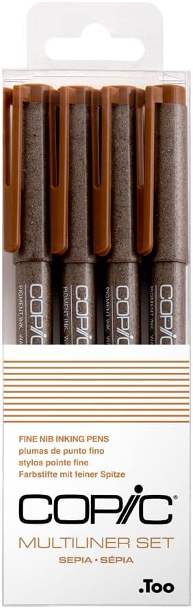 Copic Markers Multiliner Sepia Pigment Based Ink, 4-Piece Set