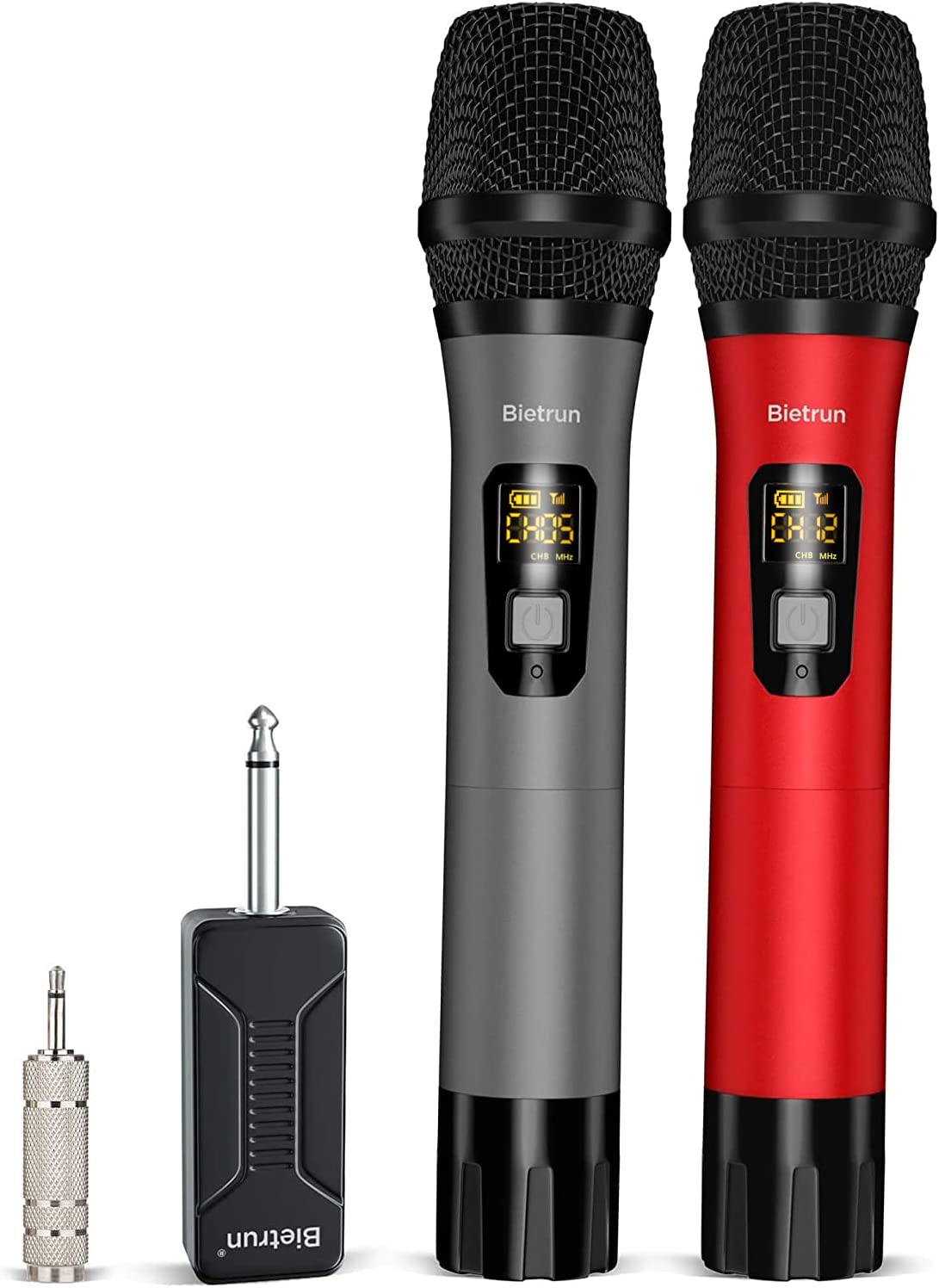 Wireless Microphone, Bietrun UHF Metal Dual Handheld Cordless Dynamic Mic System with Rechargeable Receiver, 1/4‘’Output, for Karaoke, Church, Speech, Wedding, Party Singing(160 ft Range)-Auto Connect