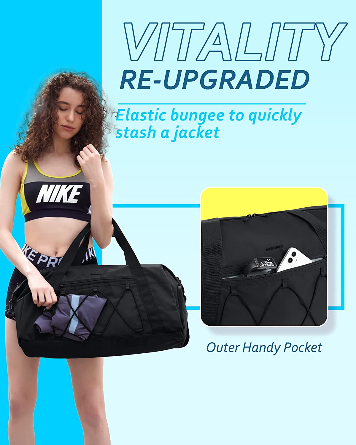 Gym Bag for Men Women， BAGSMART Sports Travel Duffel Bag With Shoe Compartment &amp; Wet Pocket， Carry On Bag Weekender Overnight Bag， Water Resistant Sports Gym Tote Bags Swimming Yoga， Black