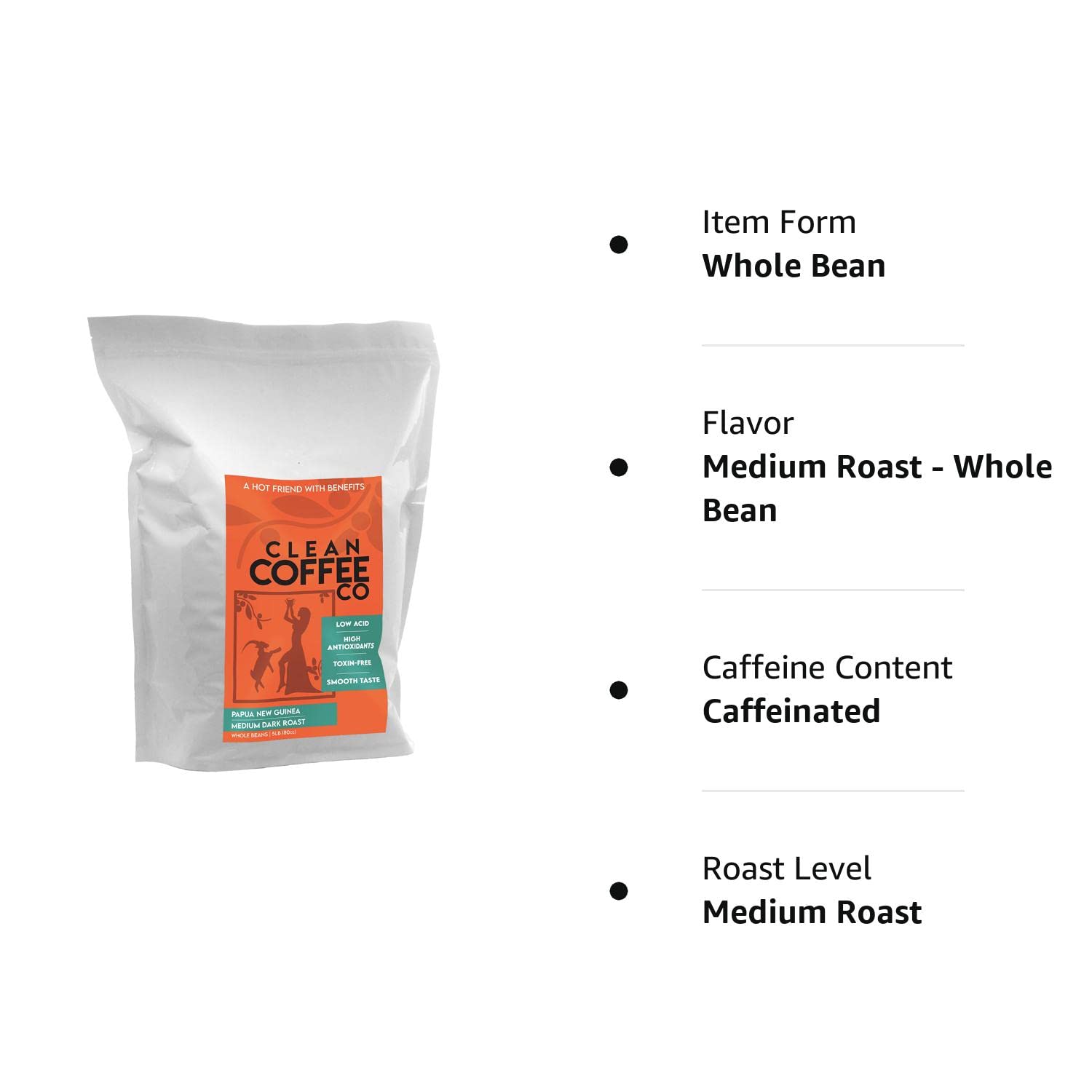 Clean Coffee Co. | Low Acid Coffee， 5lbs Bag Whole Bean Coffee | Medium Roast from Papua New Guinea | Toxin and Mold Free， Antioxidant Rich， Smooth Taste for Espresso， French Press， or Iced Coffee