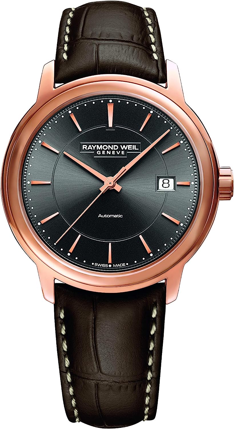 RAYMOND WEIL Maestro Men's Automatic Date Watch, Grey Dial with Rose Gold Indexes, Stainless Steel with Rose Gold PVD Plating, Brown Leather Strap, 39.5 mm (Model: 2237-PC5-60011)