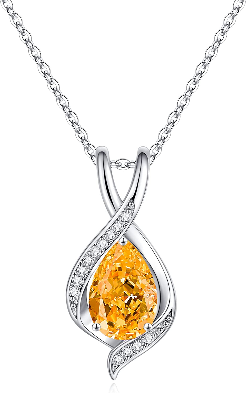 Birthstone Necklace for Women Mom， 18K White Gold Plated Solid S925 Sterling Silver Pear Cut Sparkle Birthstone Pendant Necklace Natural or Created Gemstone Necklace Birthstone Charms for Women Mom