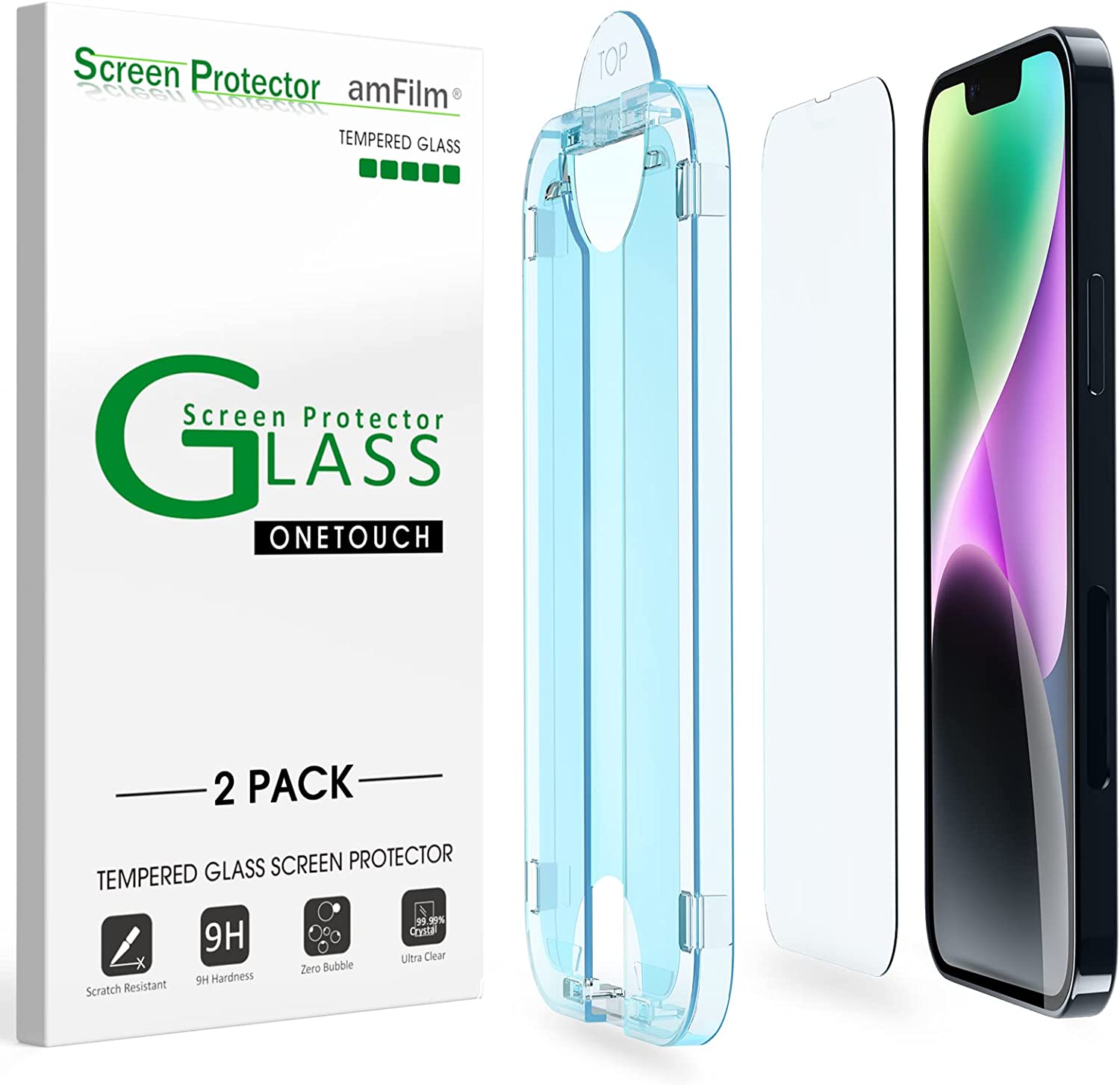 amFilm Screen Protector OneTouch for iPhone 14 Plus 6.7" 2022 iPhone 13 Pro Max 6.7" 2021 with Easy Installation Kit, Full Coverage Case Friendly, Tempered Glass, 2 Pack
