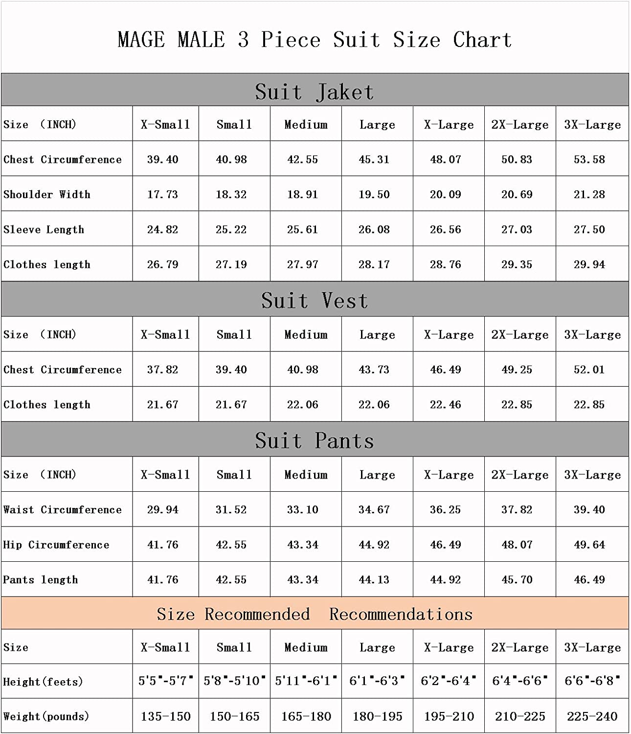 MAGE MALE Men’s 3 Piece Suit One Button Notch Lapel Thicken Slim Fit Suit with Brooch