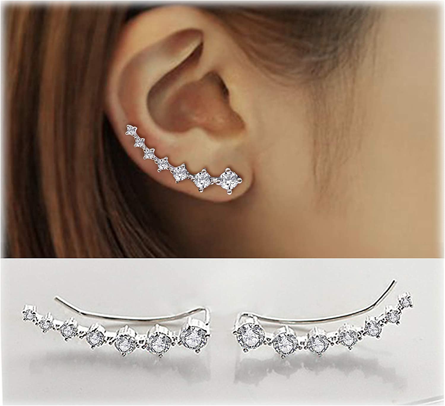 Earring for Women Cartilage 7 Crystals Ear Cuffs Hoop Climber S925 Sterling Silver Earrings with Cubic Zirconia CZ Hypoallergenic Piercing Gifts for Her
