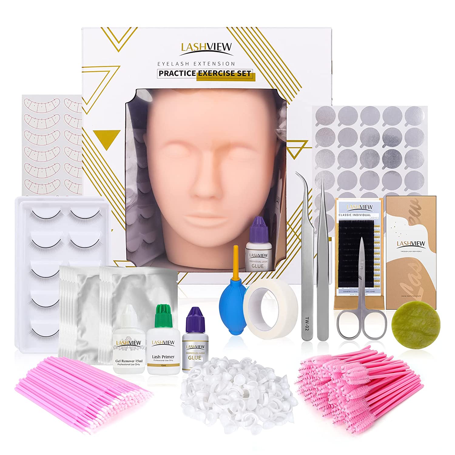 LASHVIEW Eyelash Extension Kit, Lash Extension Practice Kit, with Mannequin Head Practice Exercise Set, Training Lash Extension Supplies for Beginners Include Individual Lashes Glue Tweezers and Train