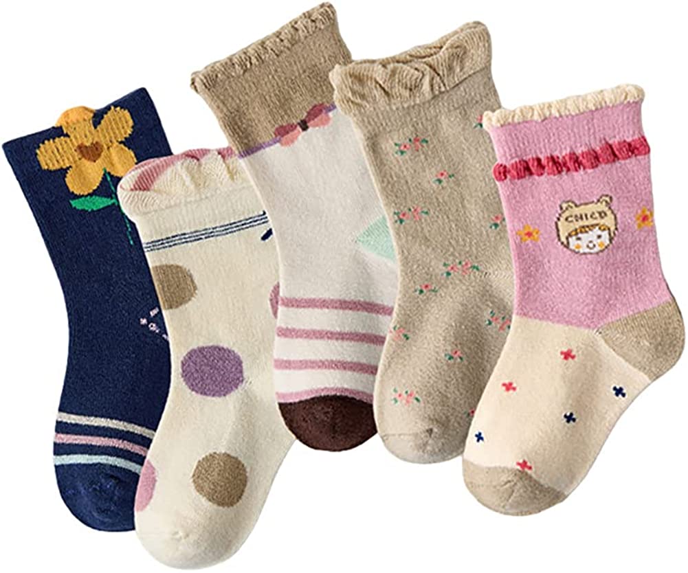 Mud Kingdom 5 Pairs Girls Cotton Crew Socks for 1-3/3-5/6-8/9-12 Years Old Ruffled Cute Cartoon