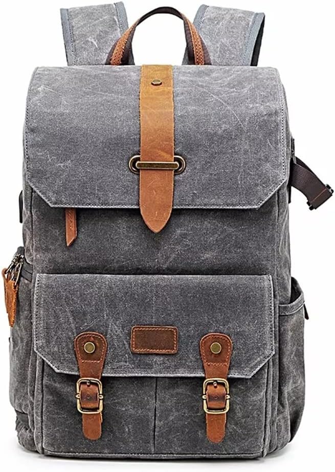 SXDS Photography Retro Waterproof Batik Canvas Backpack W USB Port Fit 15.6inch Laptop Men Camera Bag Carry Case (Color : Gray, Size : 28 * 16 * 43cm)