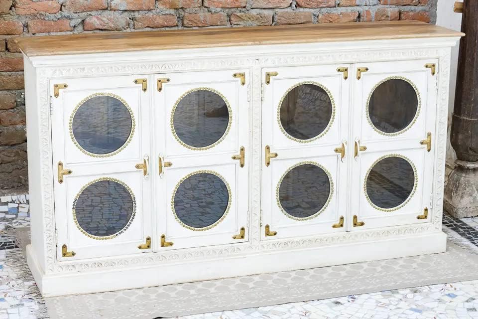Antique Indian Brass Work Hand Carved Solid Wooden Sideboard Whitewash Mango Wood Indian Arched Sideboard Cabinet Storage Units Indian Solid Wood Finish,Living Room Bedroom Furniture,Modern Sideboard