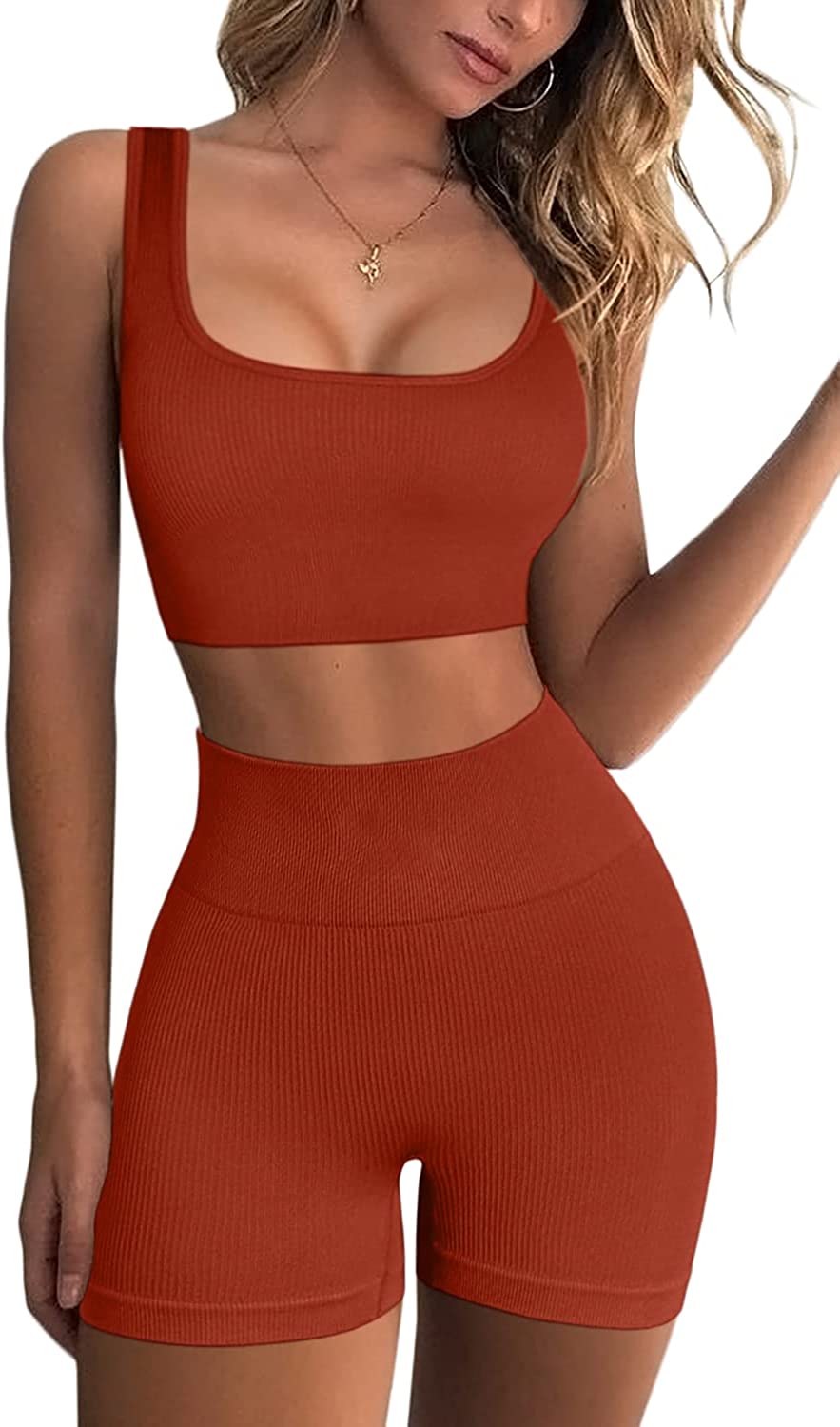 QINSEN Workout Sets for Women 2 Piece Seamless Ribbed Crop Tank High Waist Shorts Yoga Outfits