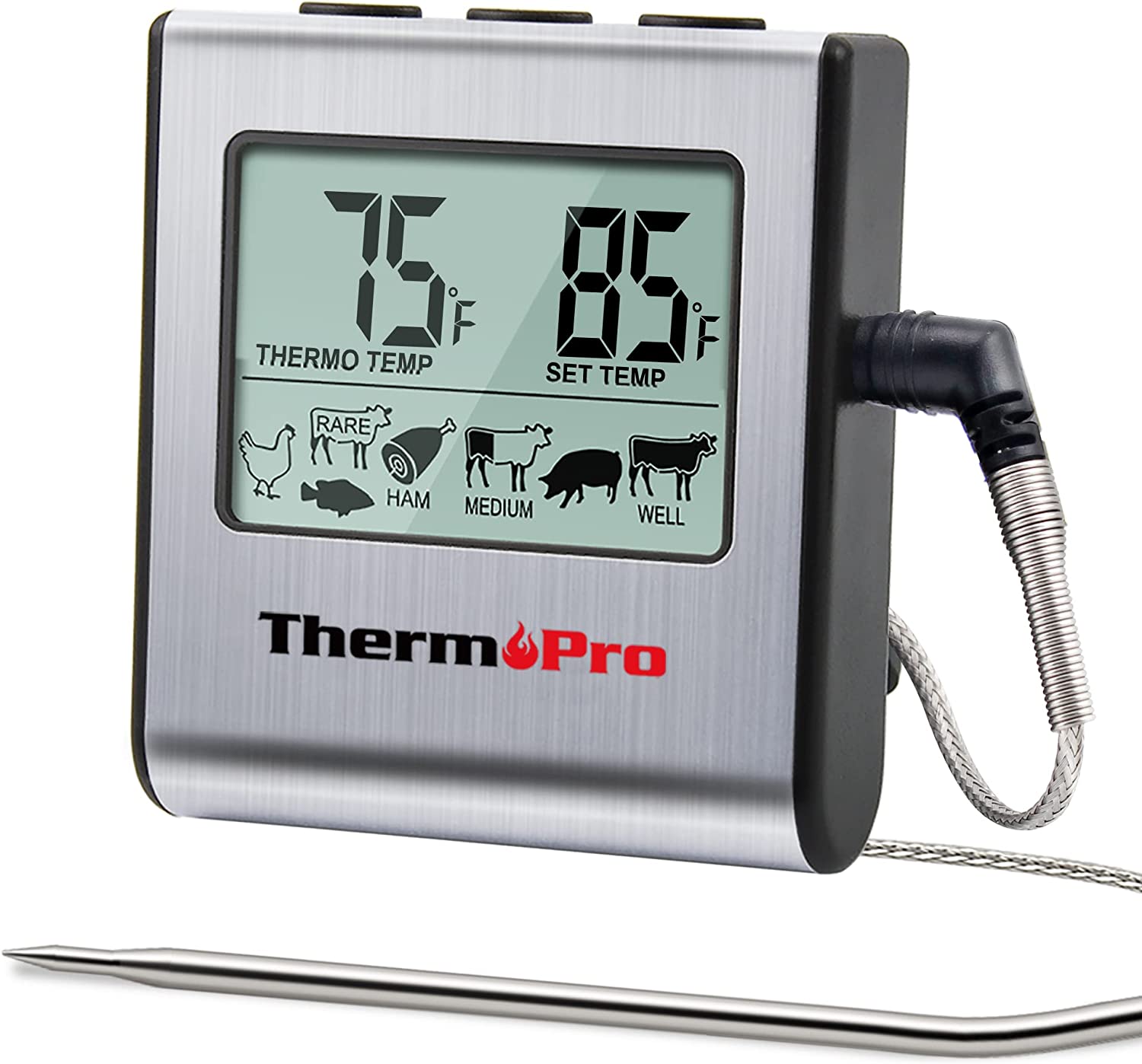 ThermoPro TP-16 Large LCD Digital Cooking Food Meat Smoker Oven Kitchen BBQ Grill Thermometer Clock Timer with Stainless Steel Probe