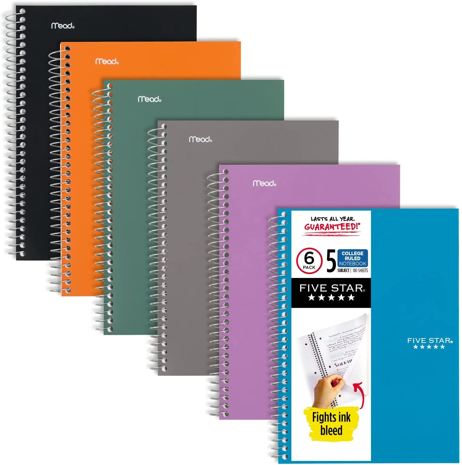 Five Star Small Spiral Notebooks, 6 Pack, 5-Subject, College Ruled Paper, 180 Sheets, Small, 9-1/2" x 6", Assorted Colors (73527)