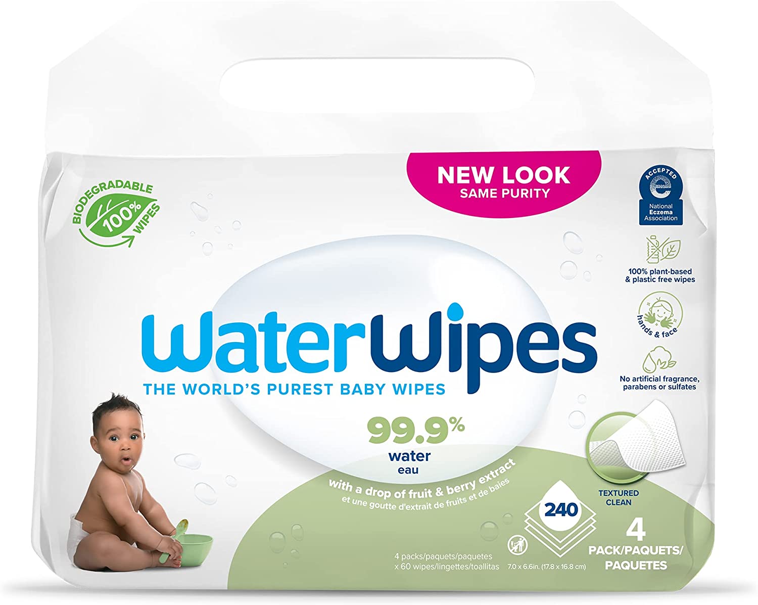 WaterWipes Plastic-Free Textured Clean, Toddler & Baby Wipes, 99.9% Water Based Wipes, Unscented & Hypoallergenic for Sensitive Skin, 240 Count (4 packs), Packaging May Vary