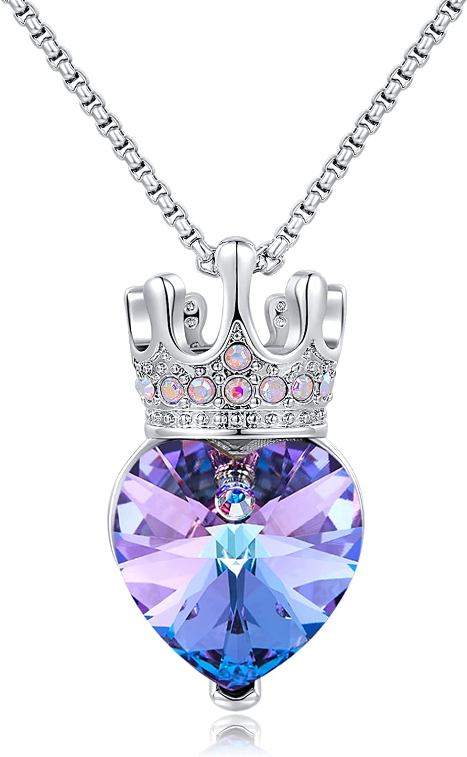 CDE Princess Queen Crown Necklace for Girls Women Love Heart Pendant Necklaces with Birthstone Crystal, Christmas Valentine’s Day Birthday Party Jewelry Gifts for Daughter Granddaughter Niece Teen Gir