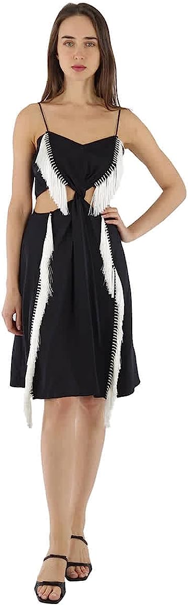 BURBERRY Black Silk Satin Slip Dress with Fringed Detail, Brand Size 10 (US Size 8)