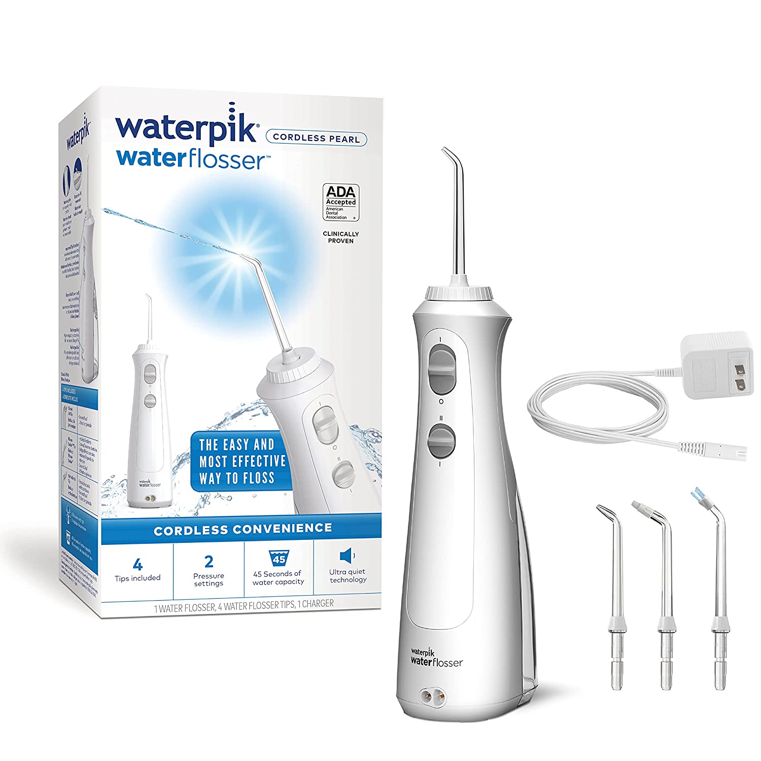 Waterpik Cordless Pearl Rechargeable Portable Water Flosser for Teeth, Gums, Braces Care and Travel with 4 Flossing Tips, ADA Accepted, WF-13 White