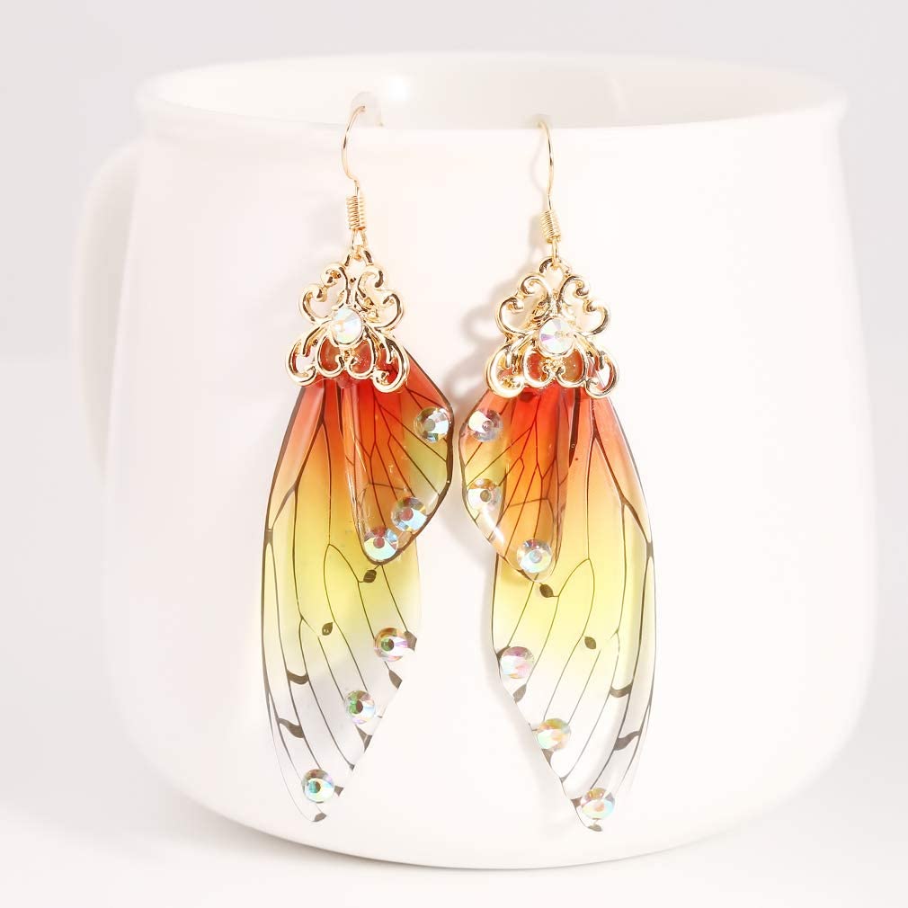 HELPFLOWER CH Handmade Fairy Simulation Butterfly Wing Earrings Foil Rhinestone Earring Romantic Jewelry
