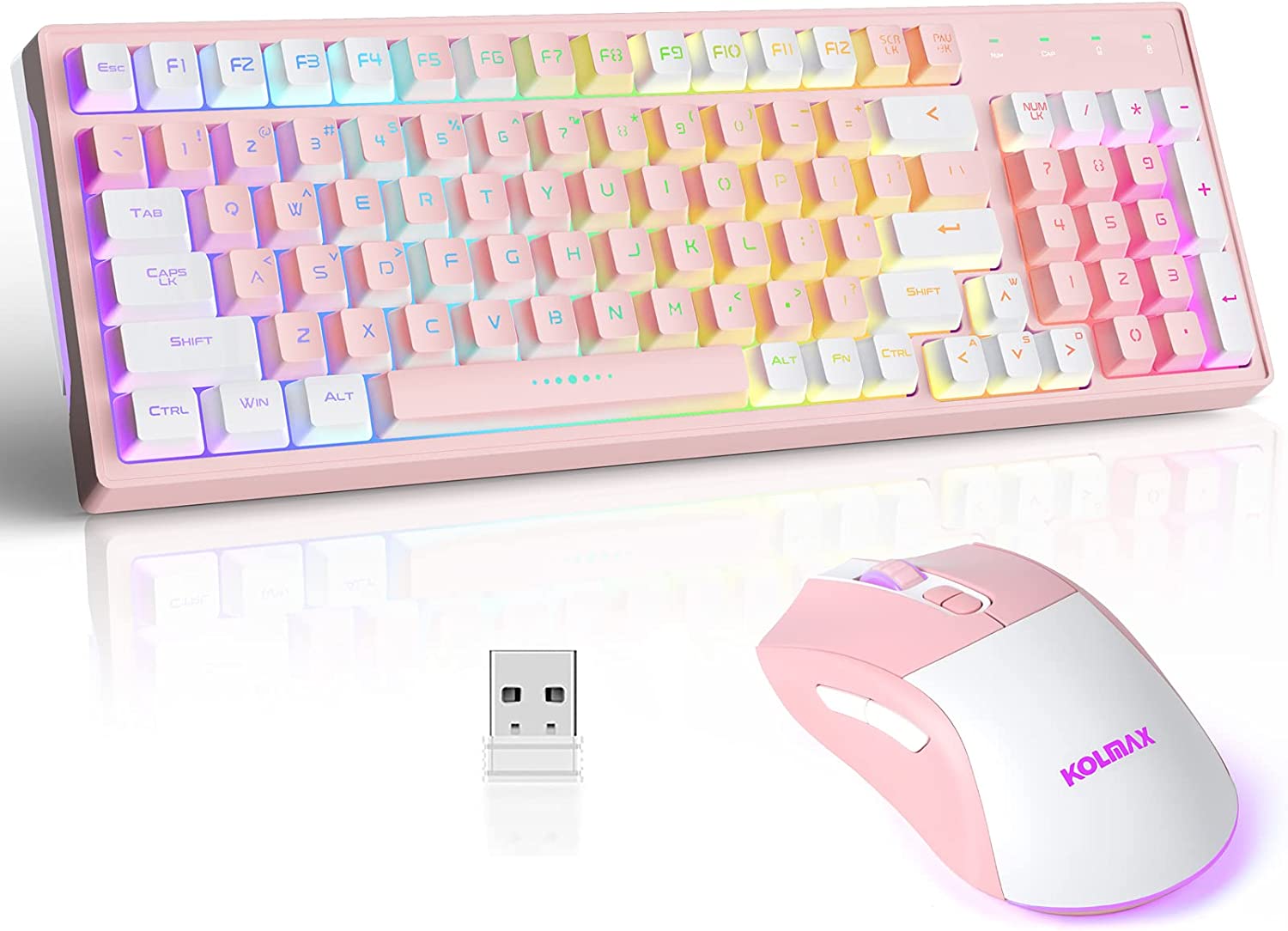 CK98 Wireless Gaming Keyboard and Mouse Combo,Rechargeable RGB Pink Gaming Keyboard RGB Backlit 98 Keys Mechanical Feeling Dual Color Keyboard and Gaming Mouse 3200DPI for PC Mac Gamers(PinkWhite)