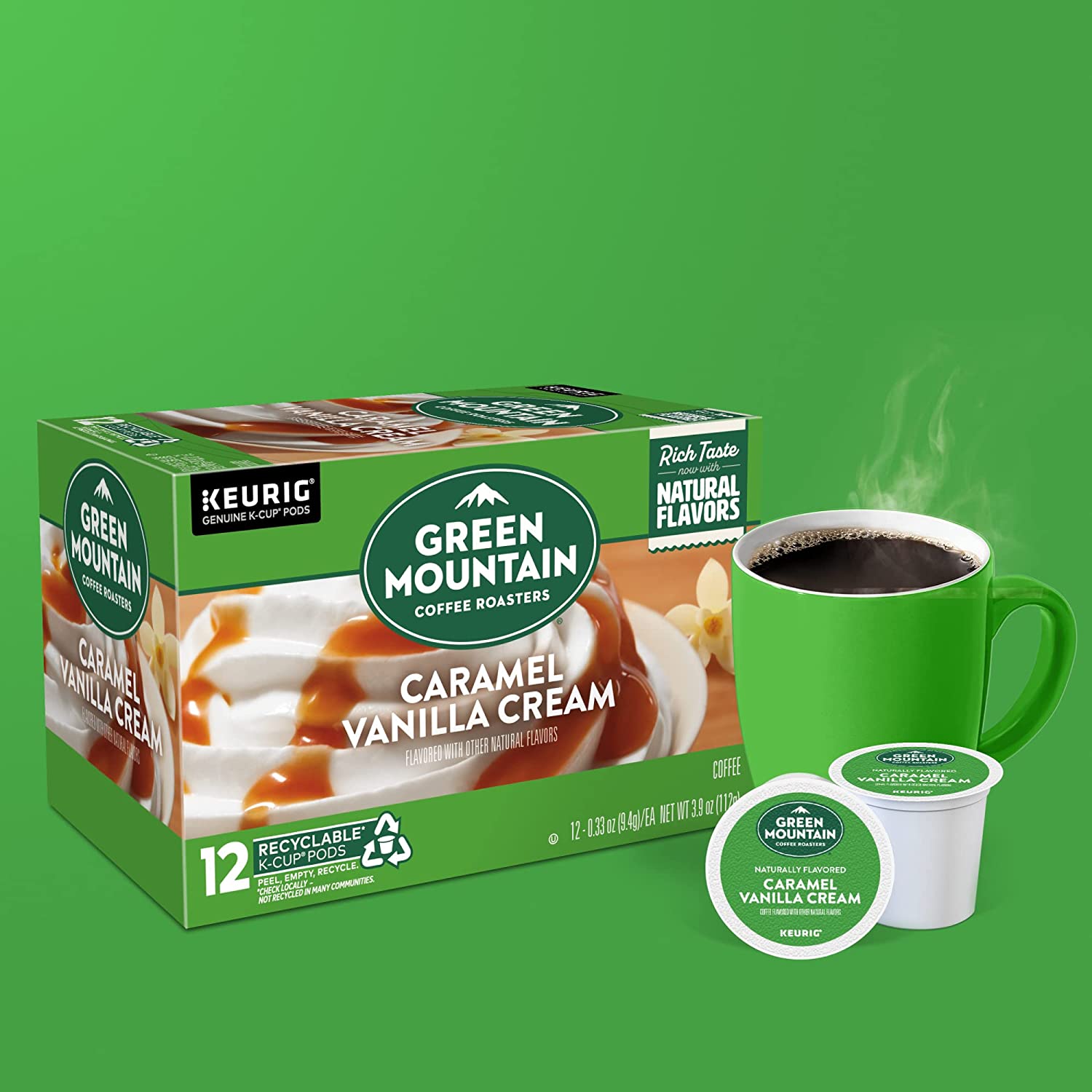 Green Mountain Coffee Roasters Caramel Vanilla Cream, Single-Serve Keurig K-Cup Pods, Flavored Light Roast Coffee, 72 Count