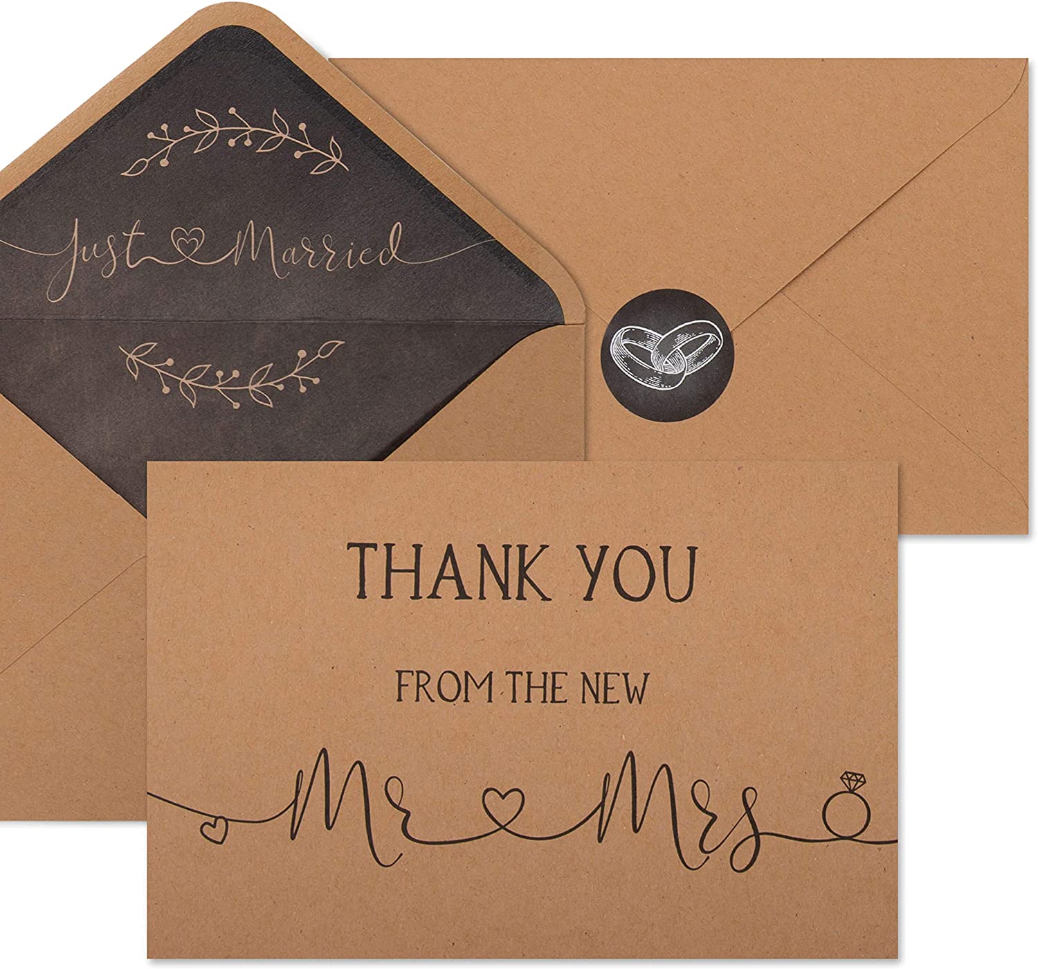 VNS Creations 100 Wedding Thank You Cards with Envelopes & Stickers | Bulk Mr and Mrs Thank You Notes | Rustic Blank 4” x 6" Thank You From the New Mr & Mrs