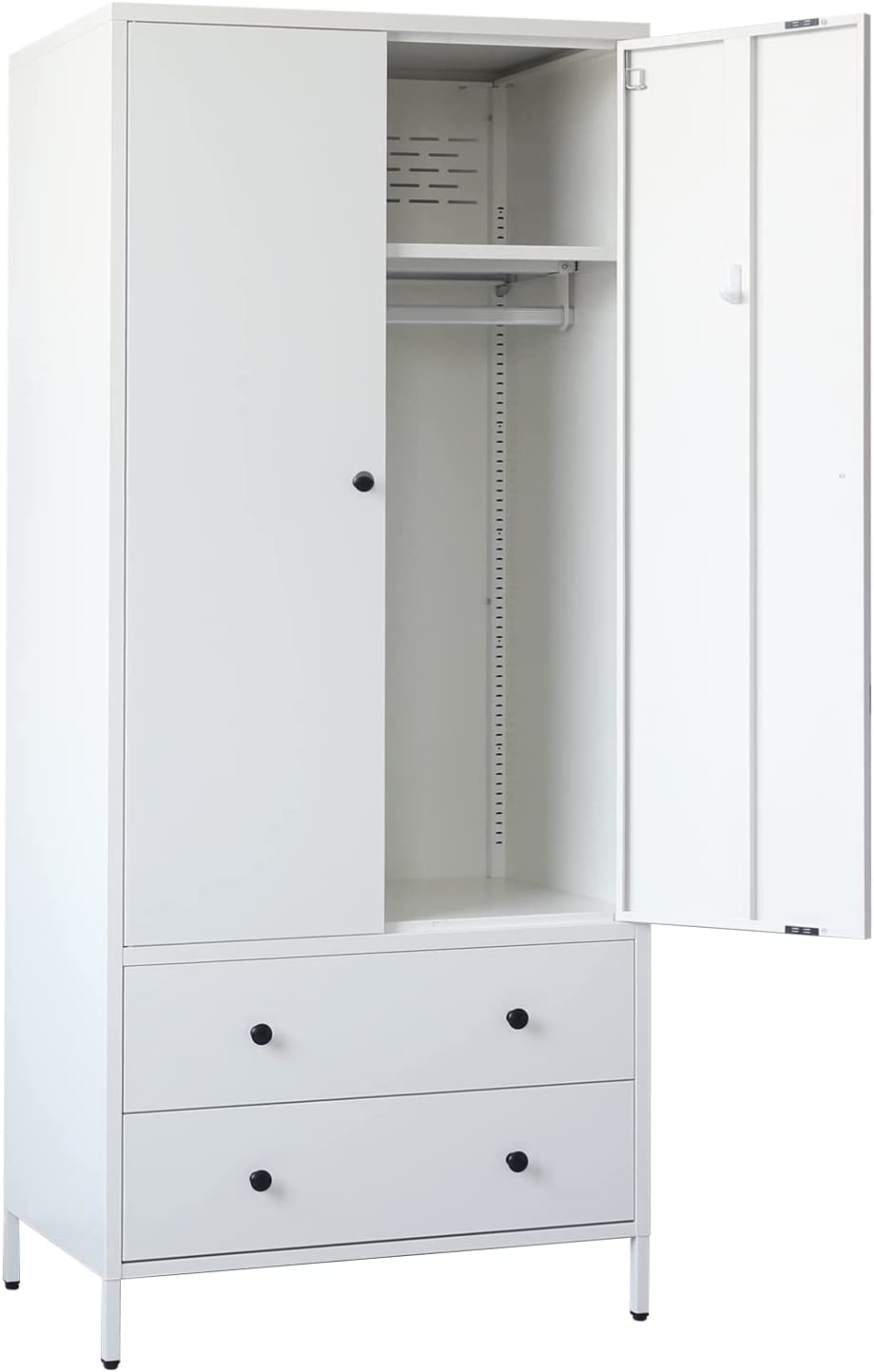 CJF Metal Storage Wardrobe with Hanging Rod， Armoire with 2 Doors and 2 Drawers，Steel Wardrobe Closet for Home， Office 74&#34; H x 31.5&#34; W x 20&#34; D (White)