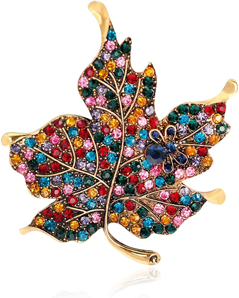 Womens Color Diamond Rhinestone Maple Leaf Brooch Pin