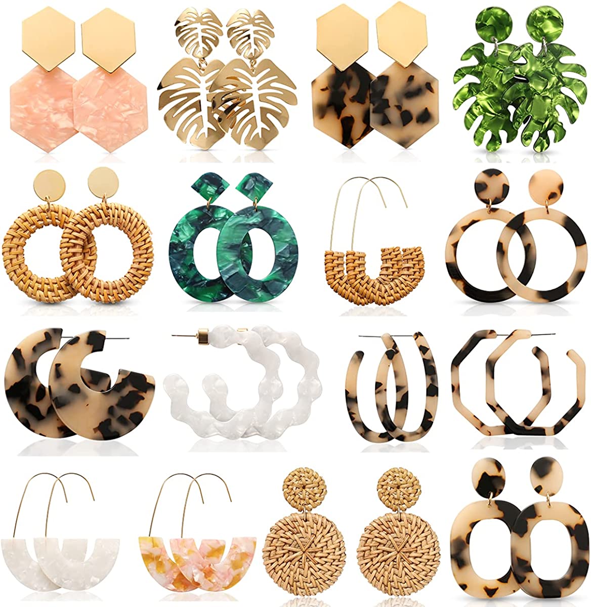 LANTAI 16 Pairs Trendy Acrylic Earrings Rattan Earrings for Women Girls-Summer Beach Straw Earrings Resin Dangle Drop Fashion Earrings Geometric Statement Earrings Vacation Jewelry