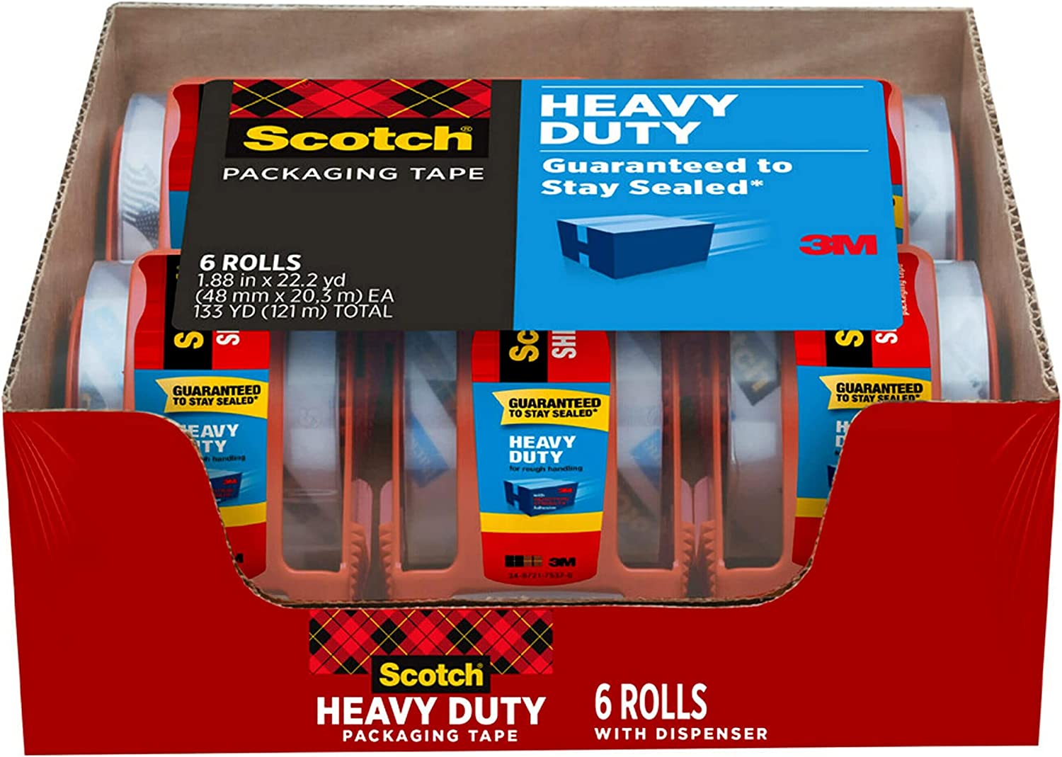 Scotch Heavy Duty Packaging Tape, 1.88" x 22.2 yd, Designed for Packing, Shipping and Mailing, Strong Seal on All Box Types, 1.5" Core, Clear, 6 Rolls with Dispenser (142-6)
