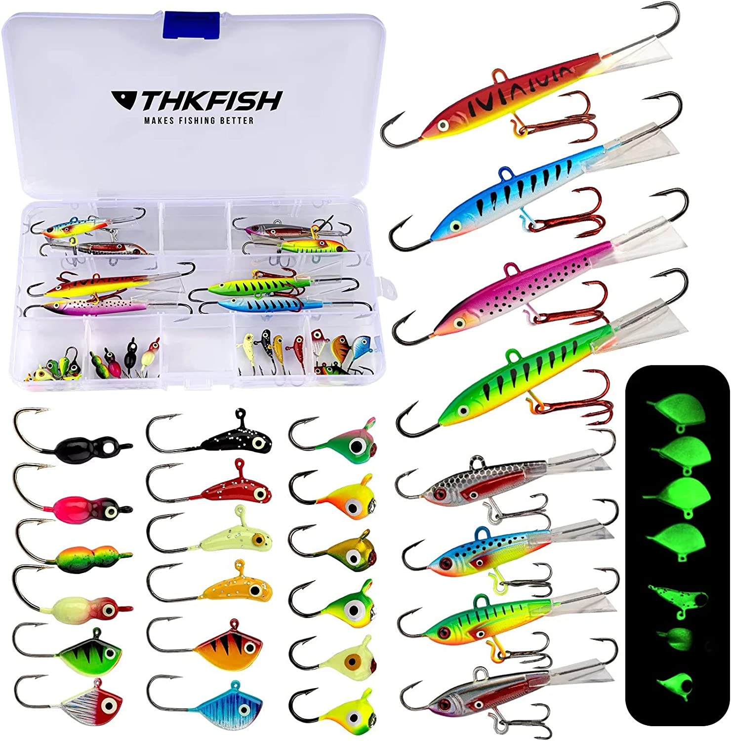 THKFISH Ice Fishing Lures Ice Fishing Jigs Ice Fishing Gear Hard Fishing Lures Ice Fishing Kit Crappie Panfish Jigs 26PCS, 40PCS