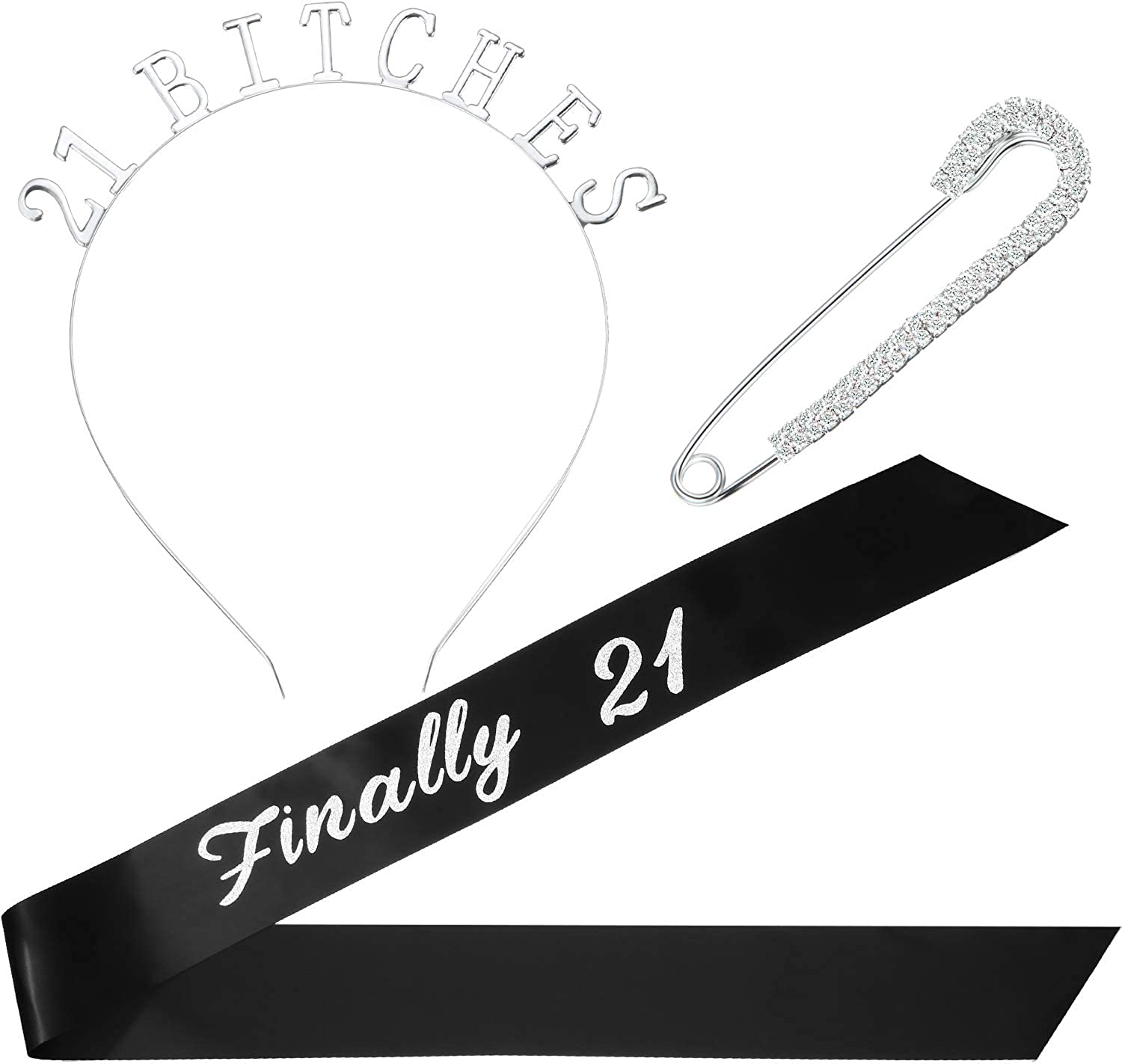 Gejoy 21st Birthday Sash Crown Tiara Headband Brooch Clip Pin, 21st Birthday Party Costume Set, Totally 3 Pieces, Silver, Medium