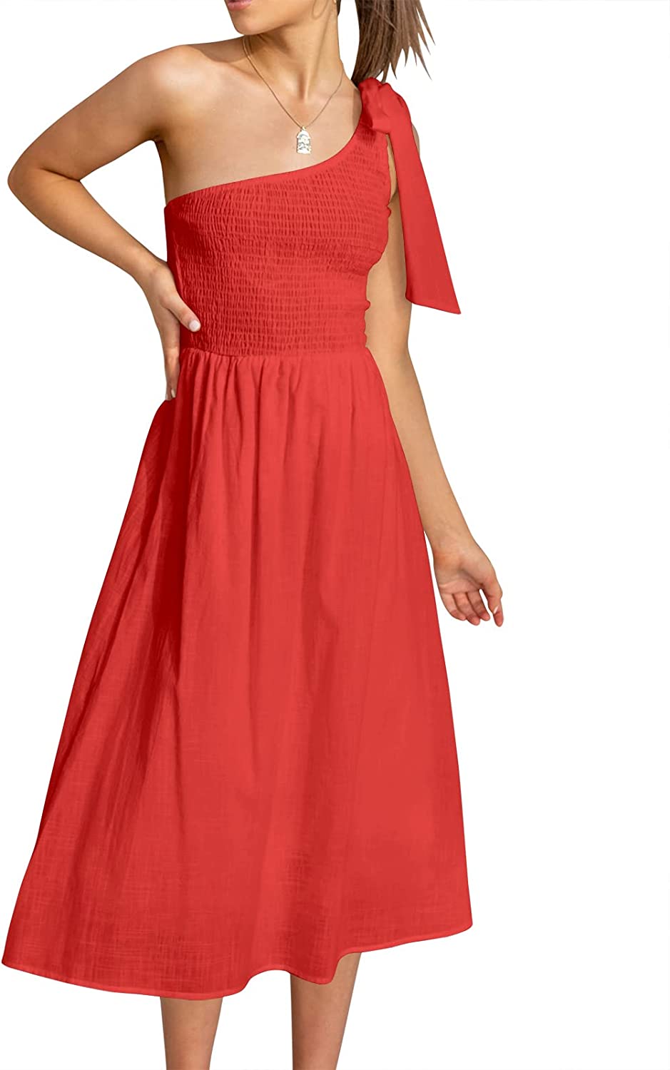 ANRABESS Women's Summer Casual Smocked Sundress One Shoulder Sleeveless Knot Flowy Bohemian Beach Midi Dresses