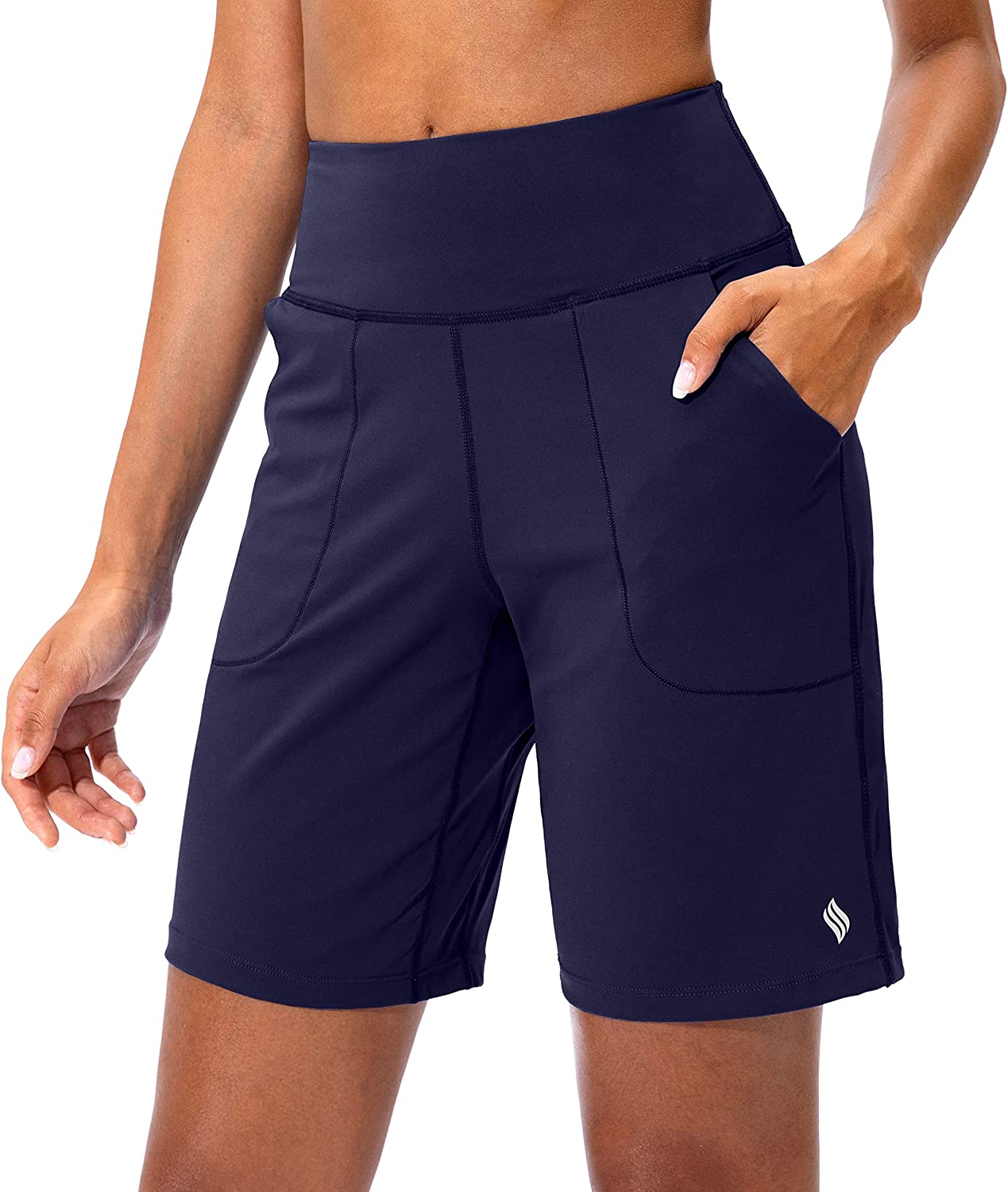SANTINY Bermuda Shorts for Women with Zipper Pocket Womens High Waisted Long Shorts for Running Workout Athletic