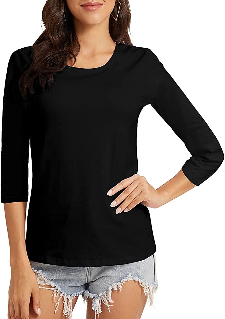 VIIOO Women's Basic 3/4 Sleeve Crew Neck T-Shirt Casual Solid Slim Cotton Top