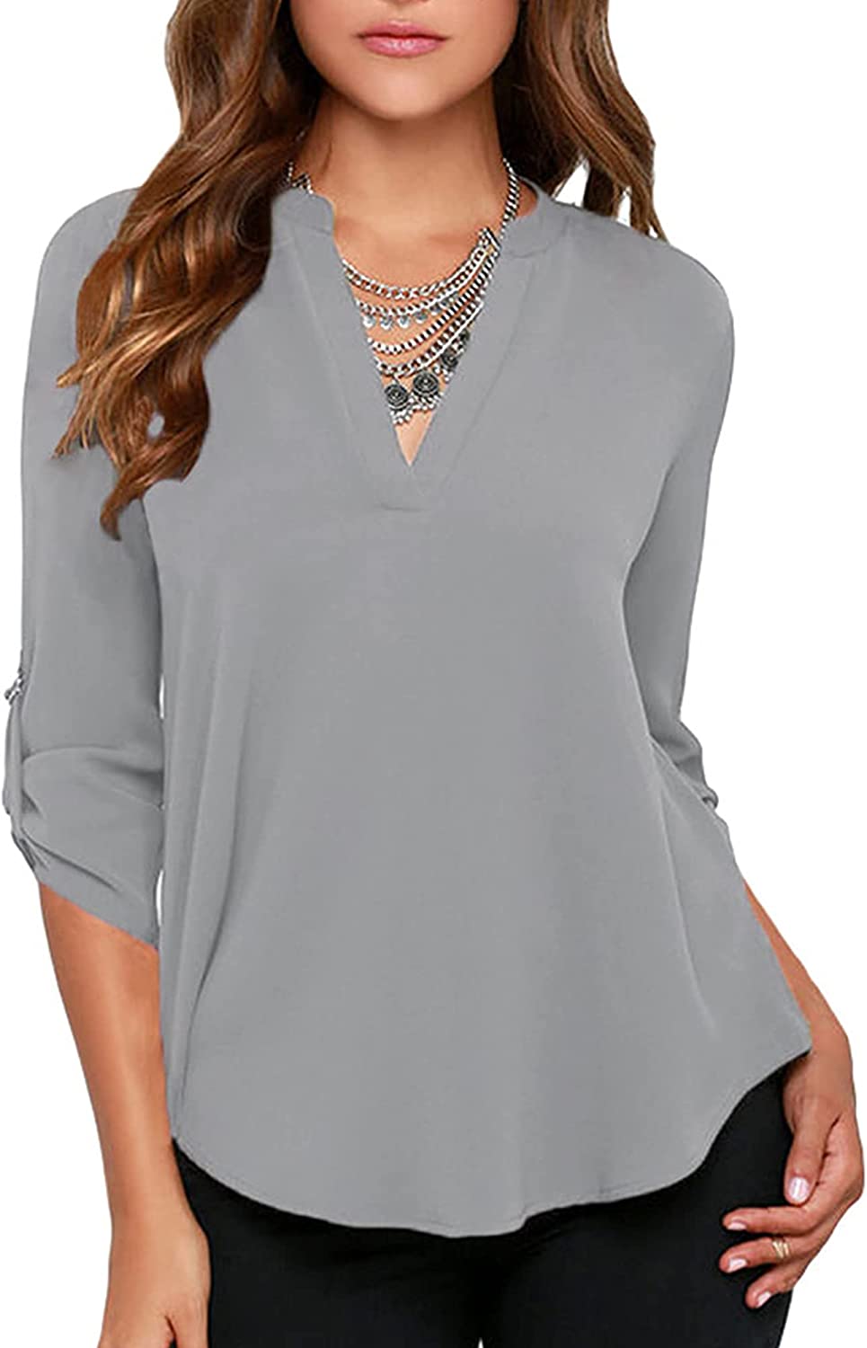 roswear Women&#39;s Business Casual V Neck Cuffed Sleeves Work Blouse Top