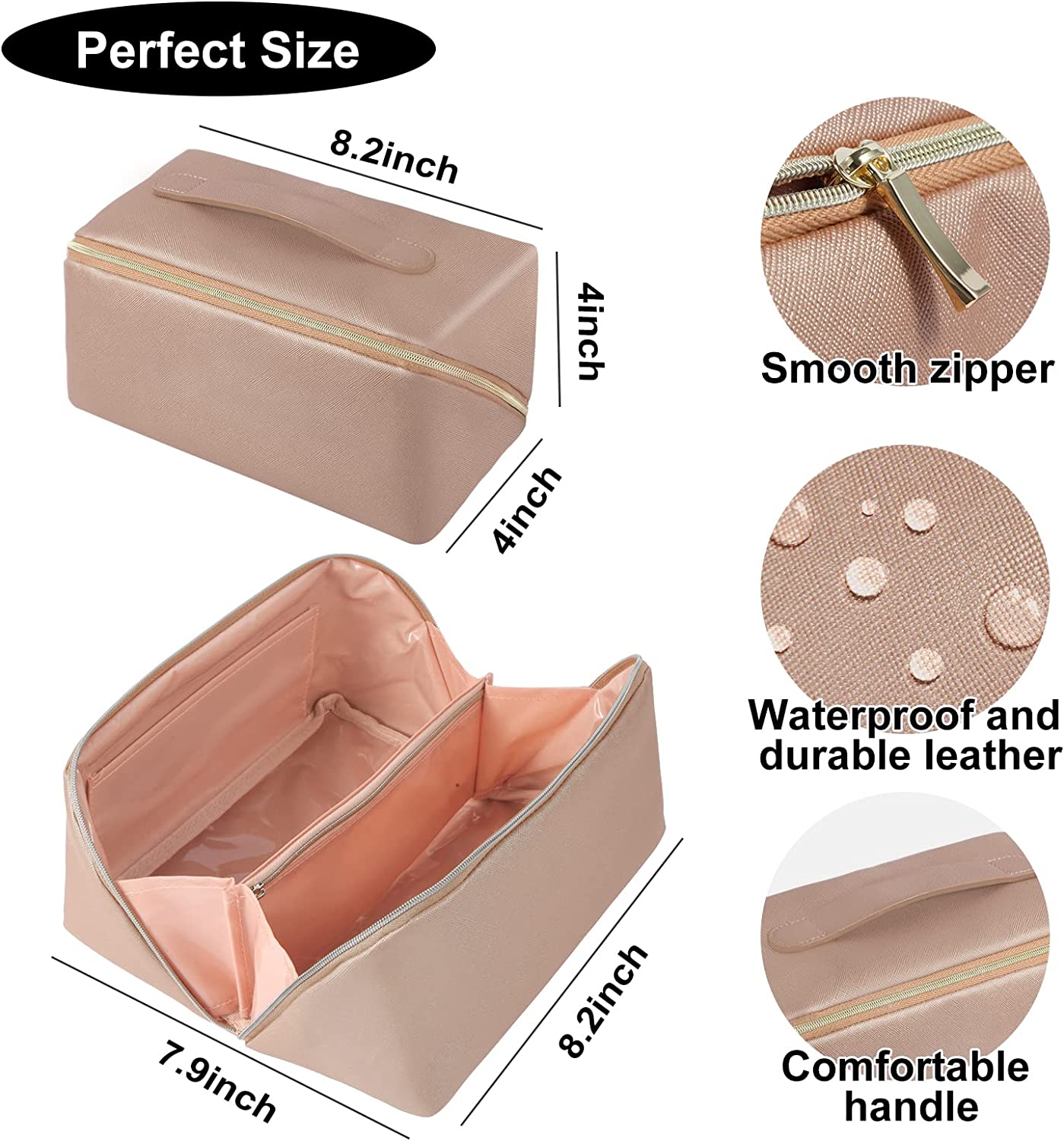 QFDS Large Capacity Travel Cosmetic Bag-Makeup Bag,Portable Leather Waterproof Women Travel Makeup Bag Organizer,with Handle and Divider Flat Lay Cosmetic Bags (Champagne gold)