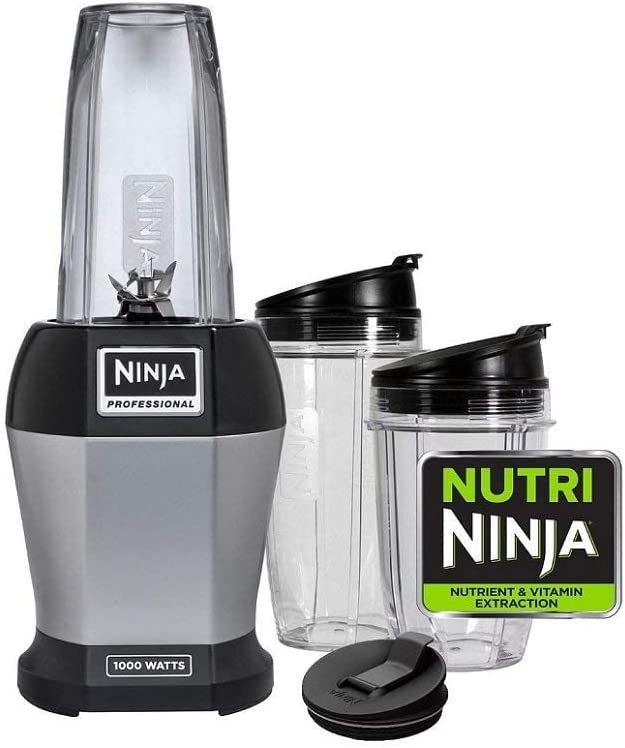 Ninja BL455_30 Nutri Professional Personal Blender Bonus Set with 3-Sip & Seal Single Serves(12, 18, and 24 oz. Cups) & 75-Recipe Cookbook, Stainless Steel/Black