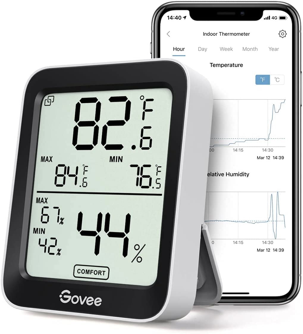 Govee Hygrometer Thermometer H5075， Bluetooth Indoor Room Temperature Monitor Greenhouse Thermometer with Remote App Control， Notification Alerts， 2 Years Data Storage Export