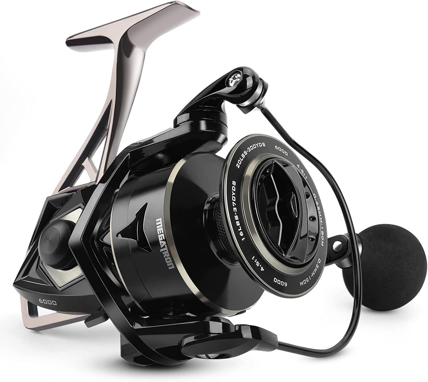 KastKing Megatron Spinning Reel, Freshwater and Saltwater Spinning Fishing Reel, Rigid Aluminum Frame 7+1 Double-Shielded Stainless-Steel BB, Over 30 lbs. Carbon Drag, CNC Aluminum Spool & Handle