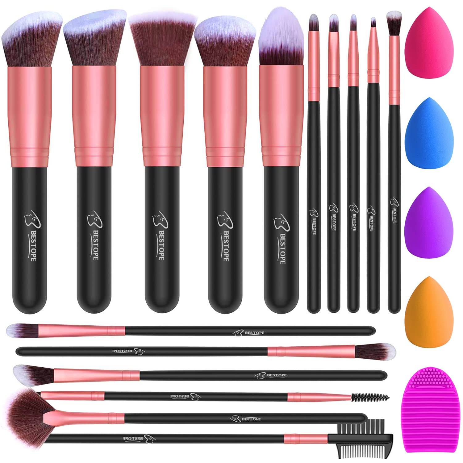 BESTOPE PRO 16Pcs Makeup Brushes Set, 4Pcs Beauty Blender Sponge Set and 1 Brush Cleaner, Premium Synthetic Foundation Brushes Blending Face Powder Eye Shadows Make Up Brushes Kit (Black Rose Gold)
