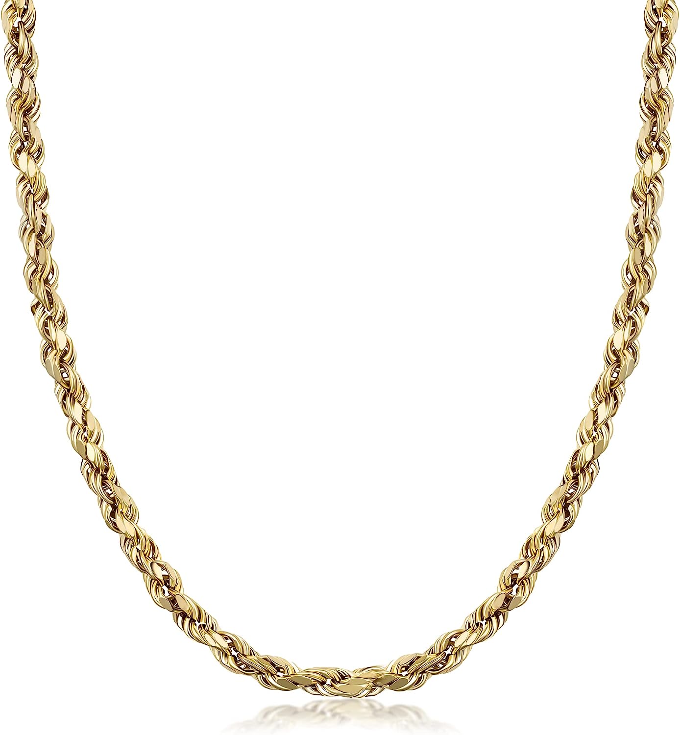 PORI JEWELERS 10K Yellow Gold 1.5MM,2MM,2.5MM,3MM,3.5,4MM,5MM,7MM, Diamond Cut Rope Chain Necklace Unisex Sizes 16"-30"